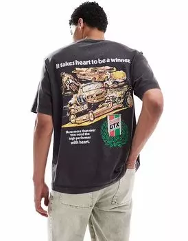 Футболка Jack & Jones oversize с принтом автомобиля Castrol серого цвета