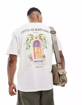 Футболка Jack & Jones oversize с принтом «позитано» на спине кремового цвета
