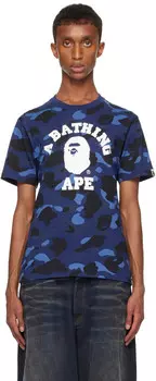 Футболка колледжа в цветном камуфляже BAPE, темно-синий
