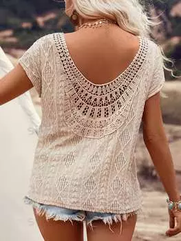 Футболка кружевная Shein BohoFeels с однотонной текстурой и v-образным вырезом, хаки