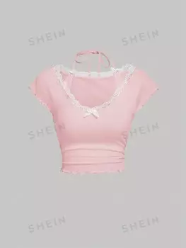 Футболка кружевная женская Shein Mod с завязками на шее, розовый