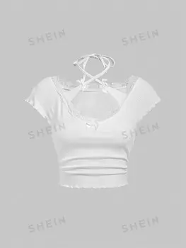 Футболка кружевная женская Shein Mod с завязками на шее и бретельками, белый