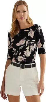 Футболка Lauren Ralph Lauren Floral Stretch Cotton Boatneck Tee, цвет Black/Cream Multi