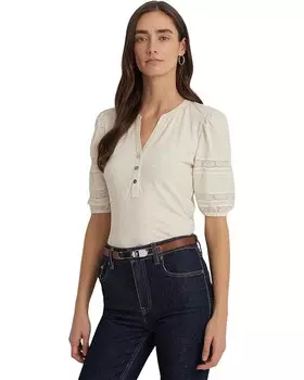 Футболка LAUREN Ralph Lauren Lace-Trim Jersey Puff-Sleeve Henley, цвет Mascarpone Cream