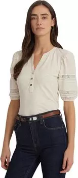 Футболка Lauren Ralph Lauren Lace-Trim Jersey Puff-Sleeve Henley Tee, цвет Mascarpone Cream