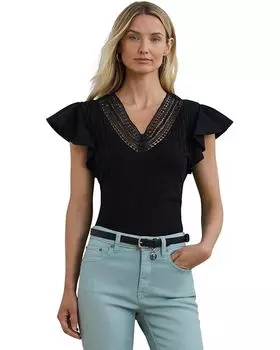 Футболка Lauren Ralph Lauren Lace-trim Jersey Flutter-sleeve Tee, черный