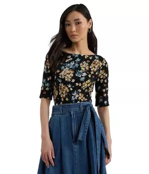 Футболка Lauren Ralph Lauren Petite Floral Stretch Cotton Boatneck Tee, черный мульти