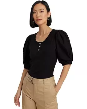 Футболка LAUREN Ralph Lauren Petite Stretch Cotton Puff-Sleeve Henley, черный