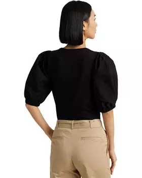 Футболка LAUREN Ralph Lauren Petite Stretch Cotton Puff-Sleeve Henley Tee, черный