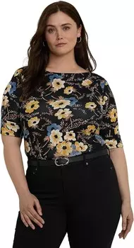 Футболка Lauren Ralph Lauren Plus Size Floral Stretch Cotton Boatneck Tee, цвет Black Multi