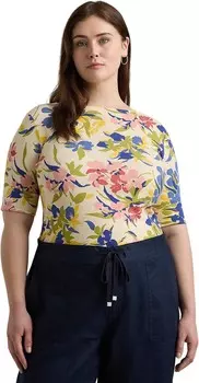 Футболка Lauren Ralph Lauren Plus-Size Floral Stretch Cotton Boatneck Tee, цвет Cream/Blue/Multi