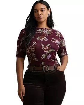 Футболка Lauren Ralph Lauren Plus Size Floral Stretch Cotton Boatneck Tee, цвет Burgundy Multi