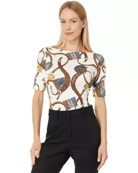 Футболка Lauren Ralph Lauren Plus Size Print Stretch Cotton Boatneck Tee, цвет Cream Multi