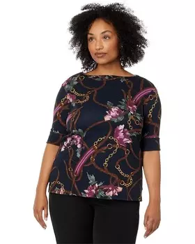Футболка Lauren Ralph Lauren Plus Size Print Cotton Boatneck Tee, цвет Navy Multi