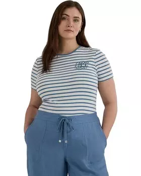 Футболка LAUREN Ralph Lauren Plus-Size Striped Stretch Cotton Crewneck, цвет White/Pale Azure