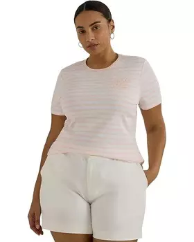 Футболка LAUREN Ralph Lauren Plus-Size Striped Stretch Cotton Crewneck, цвет White/ Pink Opal