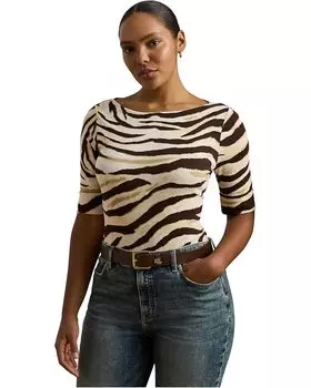 Футболка Lauren Ralph Lauren Plus Size Zebra-print Stretch Cotton Boatneck Tee, цвет Cream/Brown