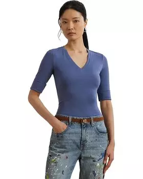 Футболка Lauren Ralph Lauren Stretch Cotton Elbow-Sleeve V-Neck Tee, цвет Capri Blue