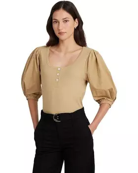 Футболка LAUREN Ralph Lauren Stretch Cotton Puff-Sleeve Henley, цвет Birch Tan
