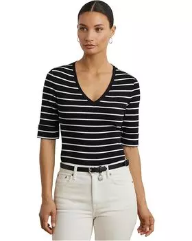 Футболка Lauren Ralph Lauren Striped Cotton Elbow-sleeve V-neck Tee, черный/белый