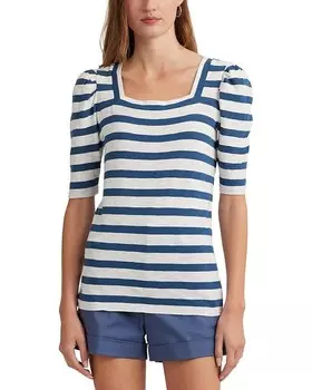 Футболка LAUREN Ralph Lauren Striped Cotton Jersey Puff-Sleeve, цвет White/Indigo Dusk