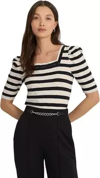 Футболка Lauren Ralph Lauren Striped Cotton Jersey Puff-Sleeve Tee, цвет Mascarpone Crm/Black