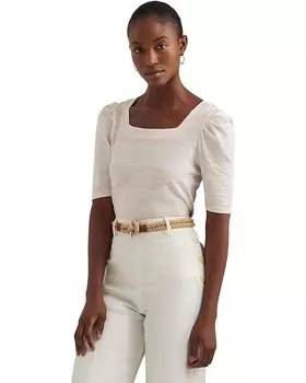 Футболка LAUREN Ralph Lauren Striped Cotton Jersey Puff-Sleeve, цвет Mascarpone Crm/Pink Opal