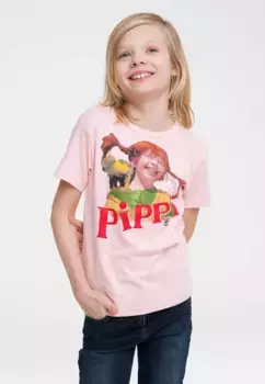 Футболка Logoshirt "Пеппи Длинныйчулок и мистер Нильссон" с принтом "Длинныйчулок" спереди, розовый