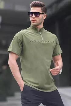 Футболка мужская Madmext с воротником на молнии, хаки