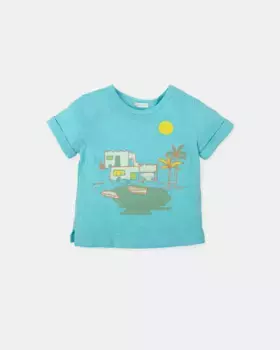 Футболка мальчика с коротким рукавом и аквамариновой пляжной иллюстрацией Tutto Piccolo, синий