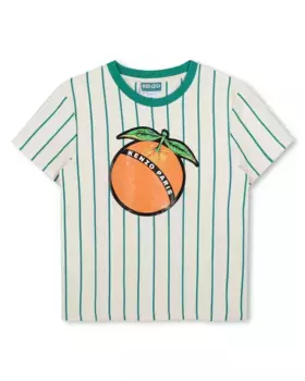Футболка мальчика в полоску из хлопка с иллюстрацией спереди Kenzo Kids, зеленый