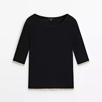 Футболка Massimo Dutti Ribbed Cotton With Contrast Detail, черный