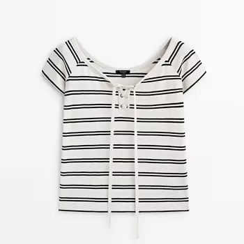 Футболка Massimo Dutti Striped With Lace-up Neckline, кремовый