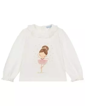 Футболка Mayoral Ballerina с графическим узором и оборками, белый