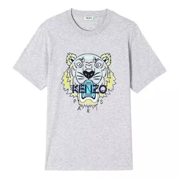 Футболка men's alphabet tiger head pattern printing round neck short sleeve light grey Kenzo, серый
