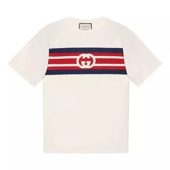 Футболка Men's Gucci SS21 Interlock Double G Stripe Printing Short Sleeve Creamy White T-Shirt, кремовый