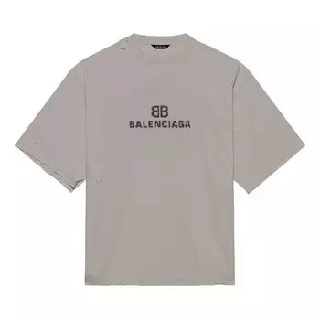 Футболка men's mosaic logo bb alphabet loose hole distress short sleeve gray Balenciaga, серый