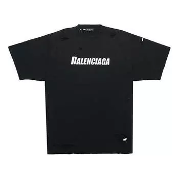 Футболка men's ss21 alphabet printing pattern hole round neck short sleeve black Balenciaga, черный