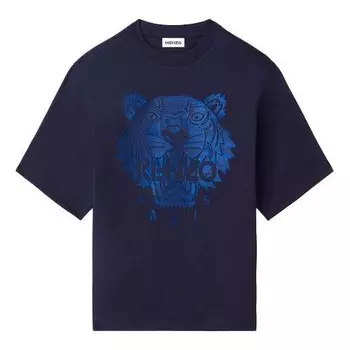 Футболка men's ss21 tiger head pattern embroidered logo loose round neck short sleeve navy blue Kenzo, синий