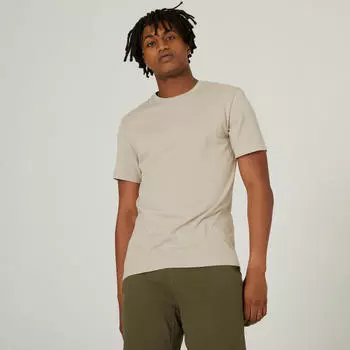 Футболка мужская хлопковая Fitness 500 прямая с круглым вырезом бежевая DOMYOS, замазка