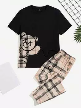 Футболка мужская и брюки Manfinity EMRG с принтом медведя, черный / бежевый