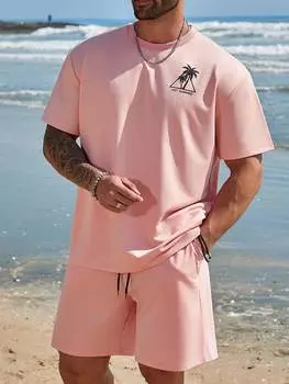 Футболка мужская и шорты Manfinity RSRT с принтом кокосовой пальмы и букв, розовый