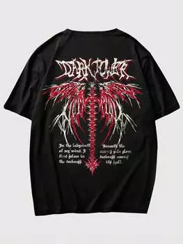 Футболка мужская Romwe Grunge Punk с принтом крыльев и слоганом, черный