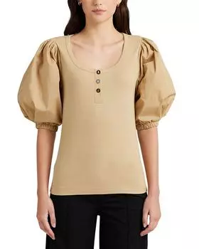 Футболка на пуговицах из эластичного хлопка с пышными рукавами Ralph Lauren, цвет Tan/Beige