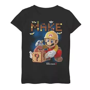 Футболка Nintendo Super Mario Maker 2 Mario Block Building Make Portrait с графическим рисунком для девочек 7–16 лет Licensed Character