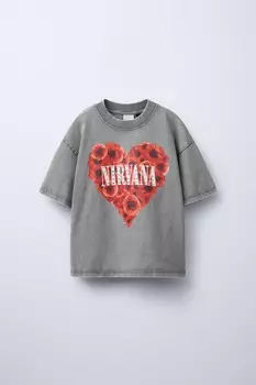 Футболка nirvana со стразами ZARA, серый