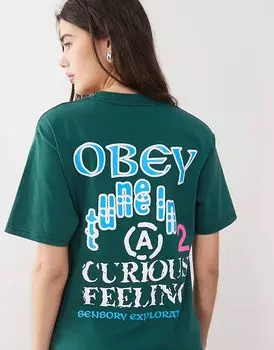 Футболка Obey Sensory с графическим логотипом и принтом на спине темно-зеленого цвета