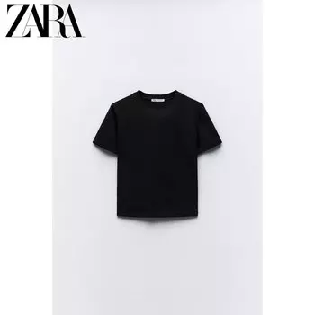 Футболка облегающая женская Zara с круглым вырезом и короткими рукавами, черный