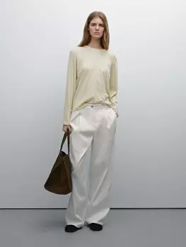 Футболка облегающего хлопкового кроя с длинными рукавами Massimo Dutti, хаки