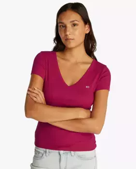 Футболка облегающего кроя с V-образным вырезом в рубчик Tommy Jeans, фуксия